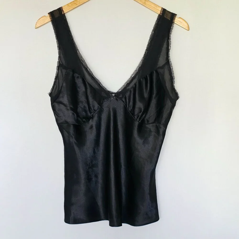 California Dynasty Black Satin‎ Lace Camisole Babydoll Top Size M Whimsigoth 90s